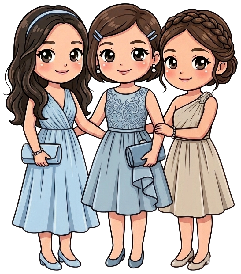 Lady guests in blue and powder dresses